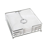 A silver metal wire napkin holder