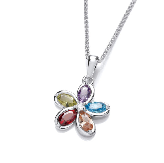 A silver flower shaped pendant with different coloured oval CZ petals