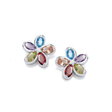 Silver flower shaped stud earrings with different coloured oval CZ petals