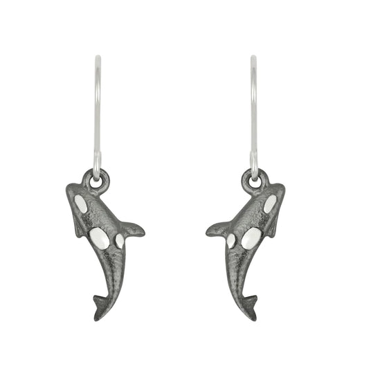 A pair of oxidised silver Orca drop earrings on hook fittings