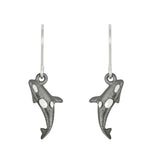 A pair of oxidised silver Orca drop earrings on hook fittings