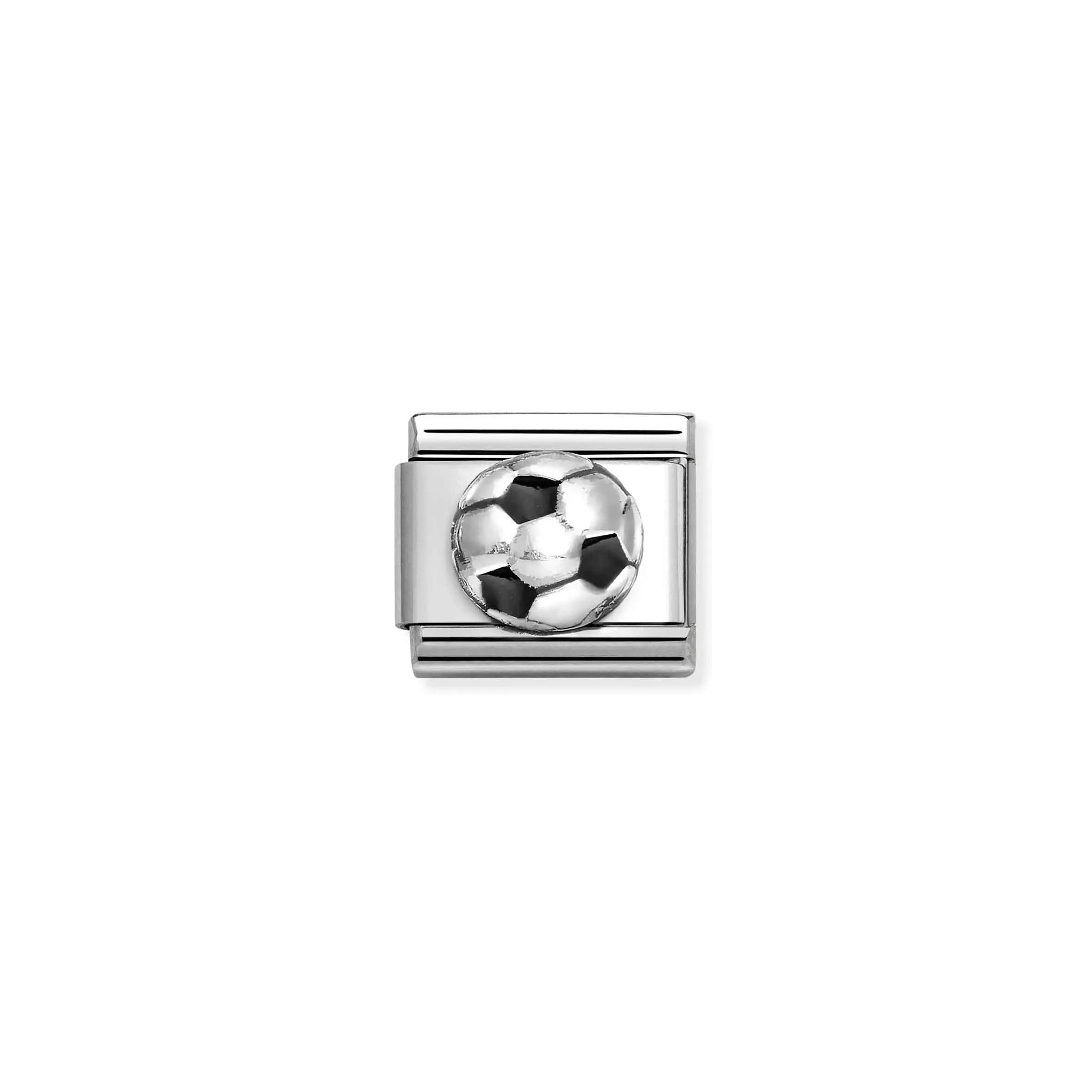 A Nomination charm link featuring a silver and oxidised silver football