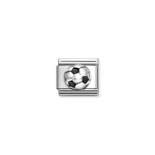 A Nomination charm link featuring a silver and oxidised silver football