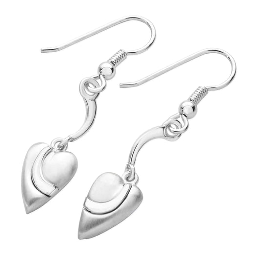 A pair of silver earrings with curved bars and narrow heart shaped pendants with matt texture 