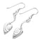 A pair of silver earrings with curved bars and narrow heart shaped pendants with matt texture 