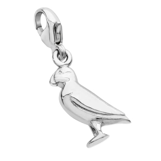 A silver charm shaped like a little puffin, with a lobster claw clasp