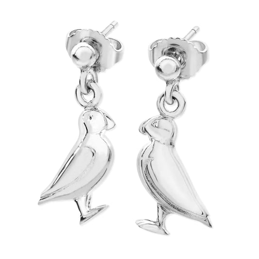 A pair of silver puffin drop earrings