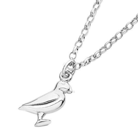 A polished silver puffin pendant on a silver chain