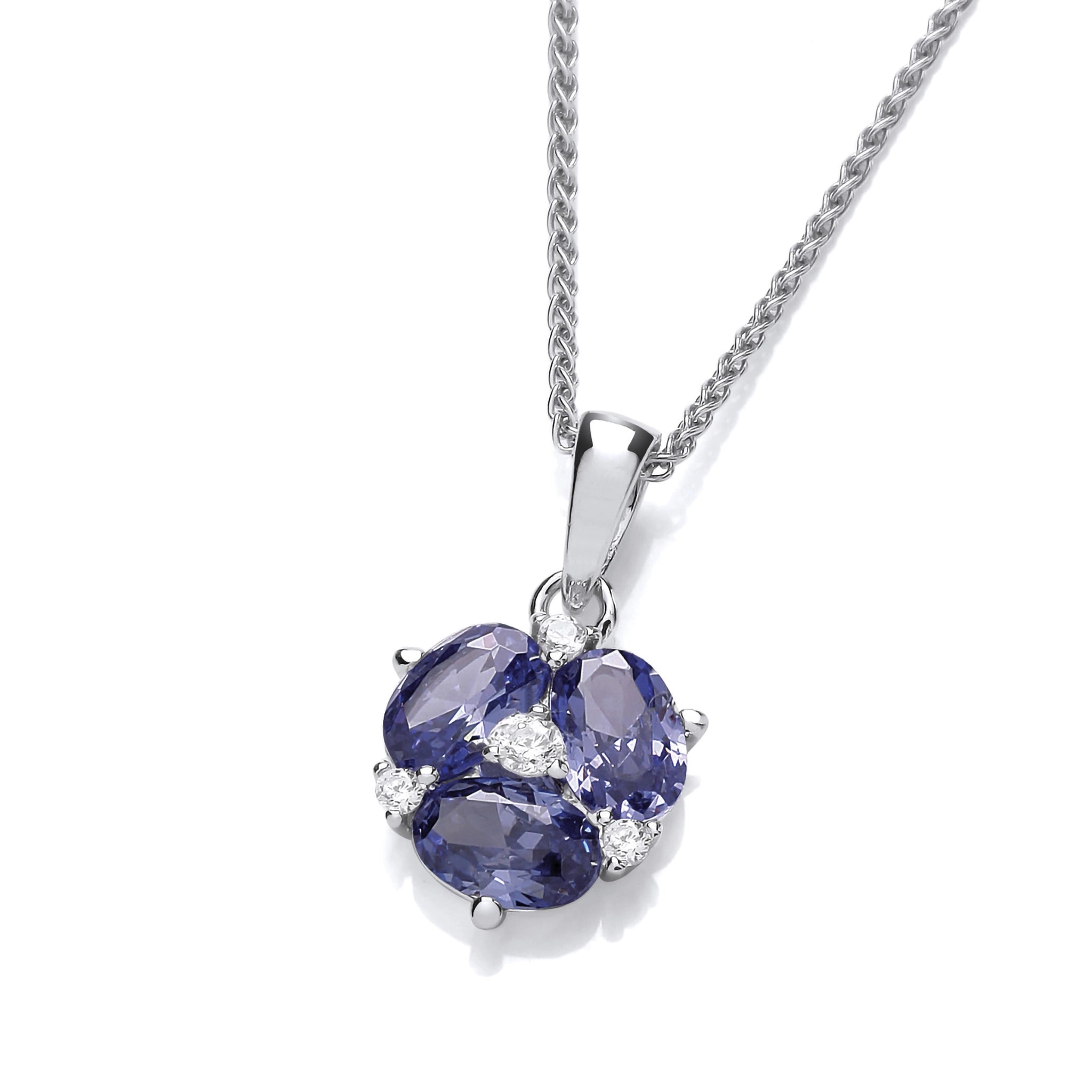 A pendant with oval cut purple CZ stones in the shape of a lily flower