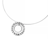 A silver wire necklet with a shiny inner circle and an outer circle engraved with runes