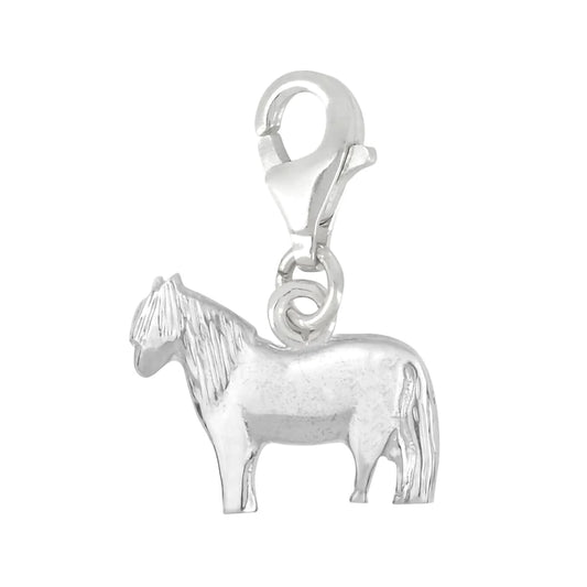A silver charm featuring a Shetland pony and a lobster hook clasp