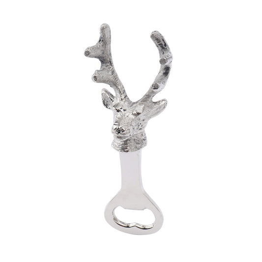 Small silver bottle opener with a carved metal stag head
