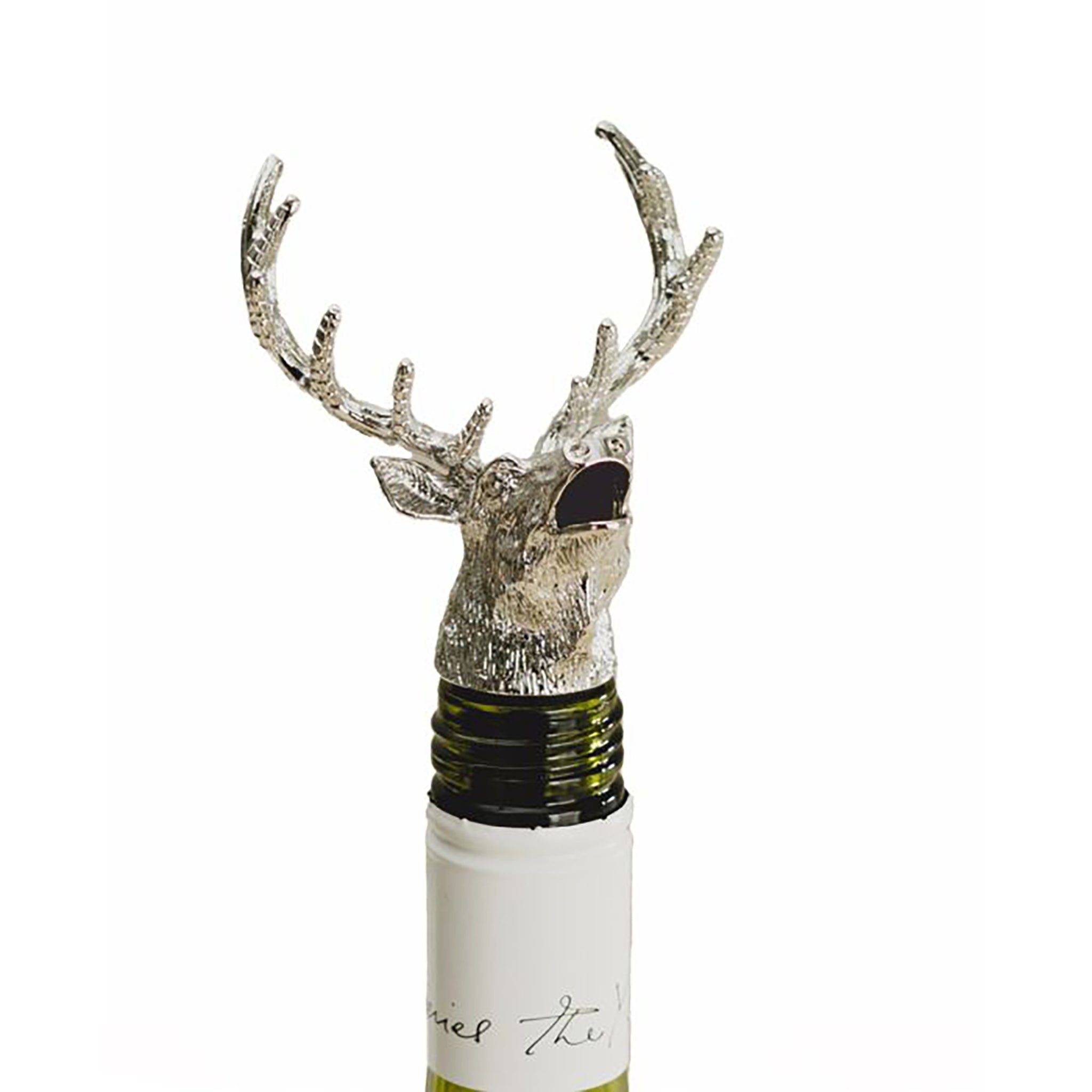 A wine pourer with silver stag head on a bottle