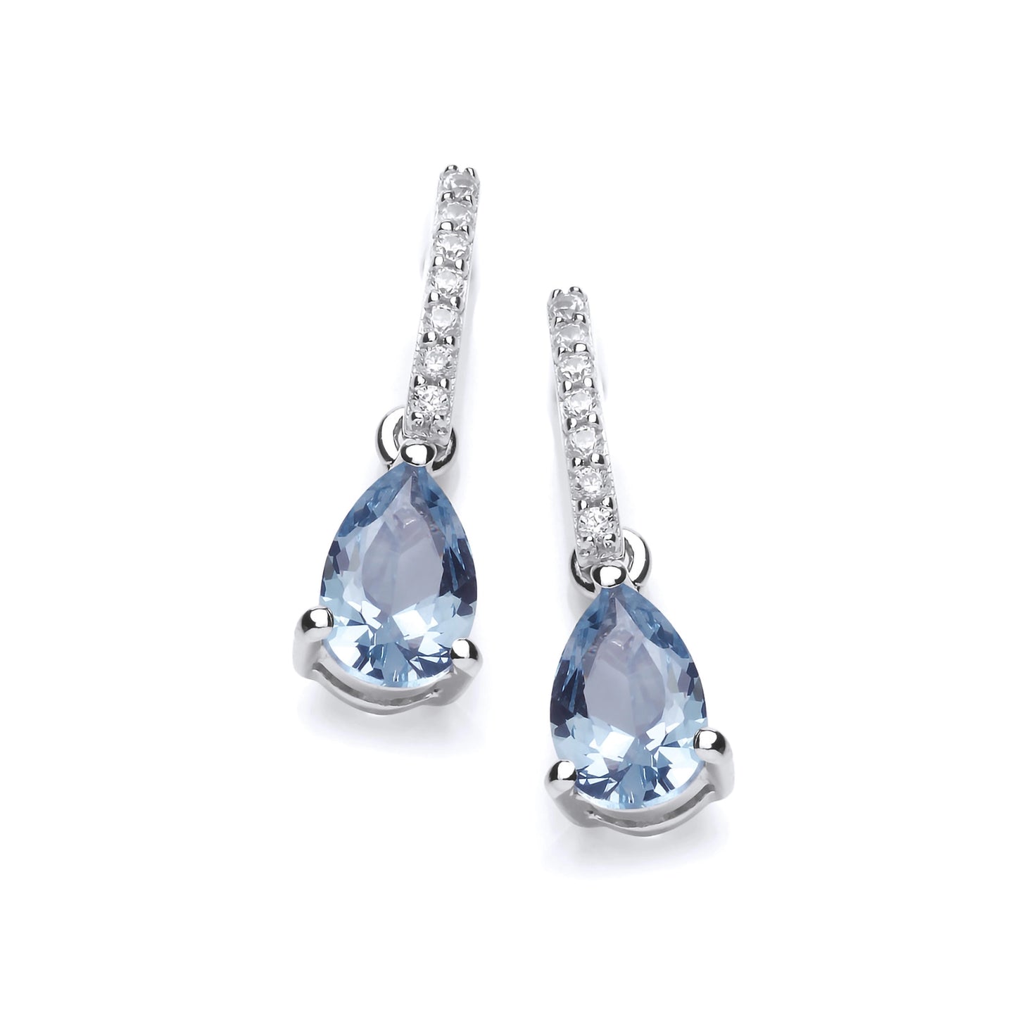 A pair of stud earrings featuring blue CZ teardrops and CZ set bail