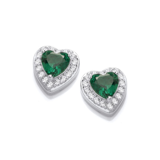 Vintage inspired heart shaped studs with large faceted emerald CZ in the centre
