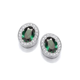 A pair of vintage inspired silver earrings featuring a large oval emerald green CZ stone in the centre 
