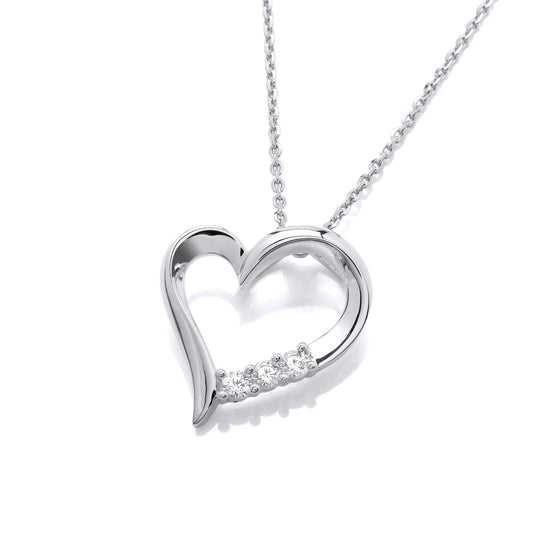 Asymmetrical open heart silver pendant with three cubic zirconia stones on a silver chain