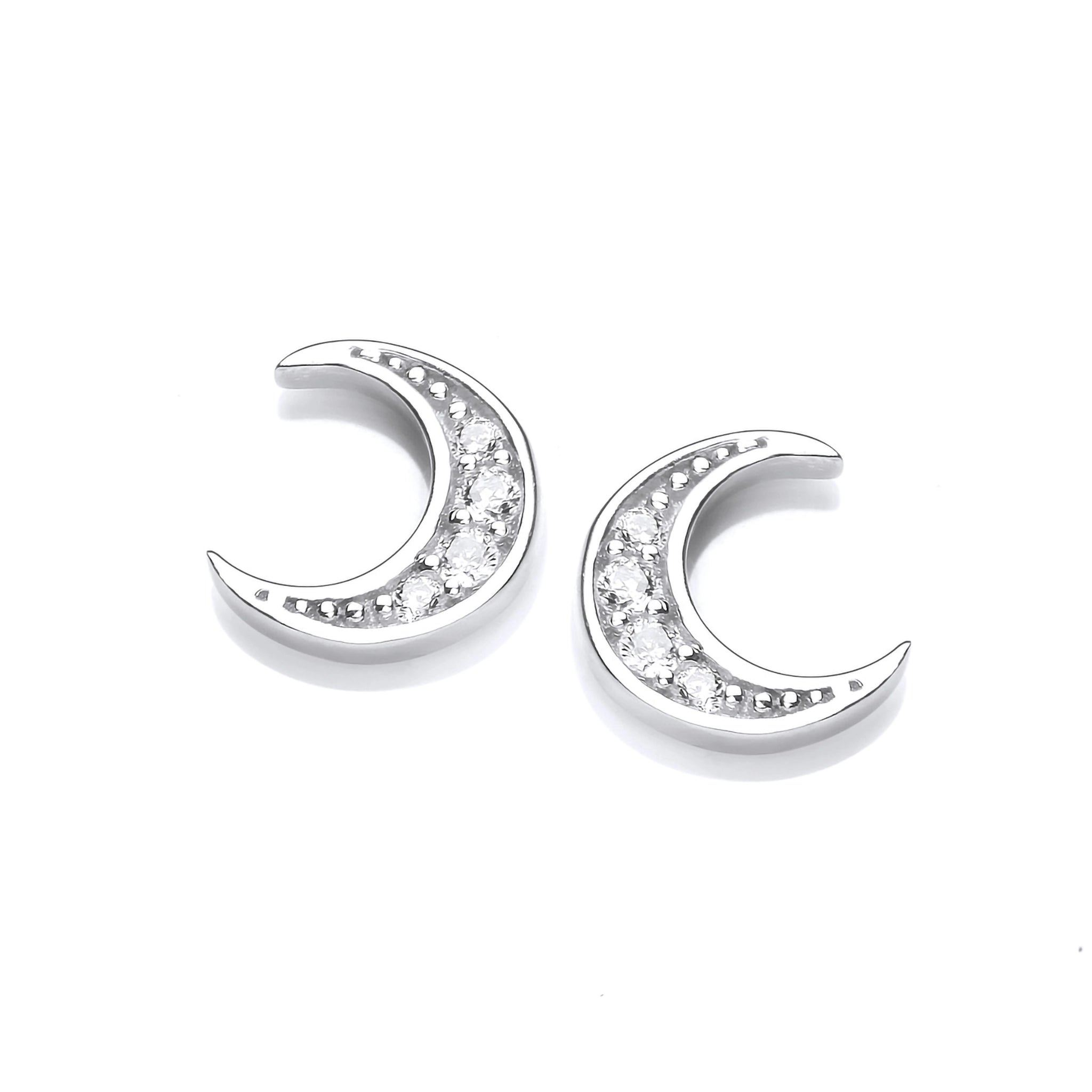 A pair of silver moon shaped stud earrings set with cubic zirconia stones