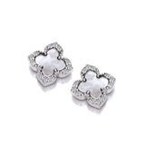 A pair of silver clover shaped earrings with mother of pearl centre and CZ surround
