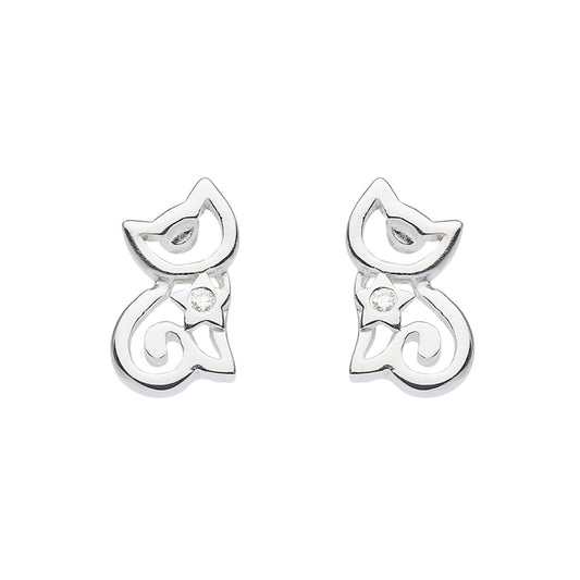 A silver pair of sitting cat stud earrings with star collars set with CZ stones