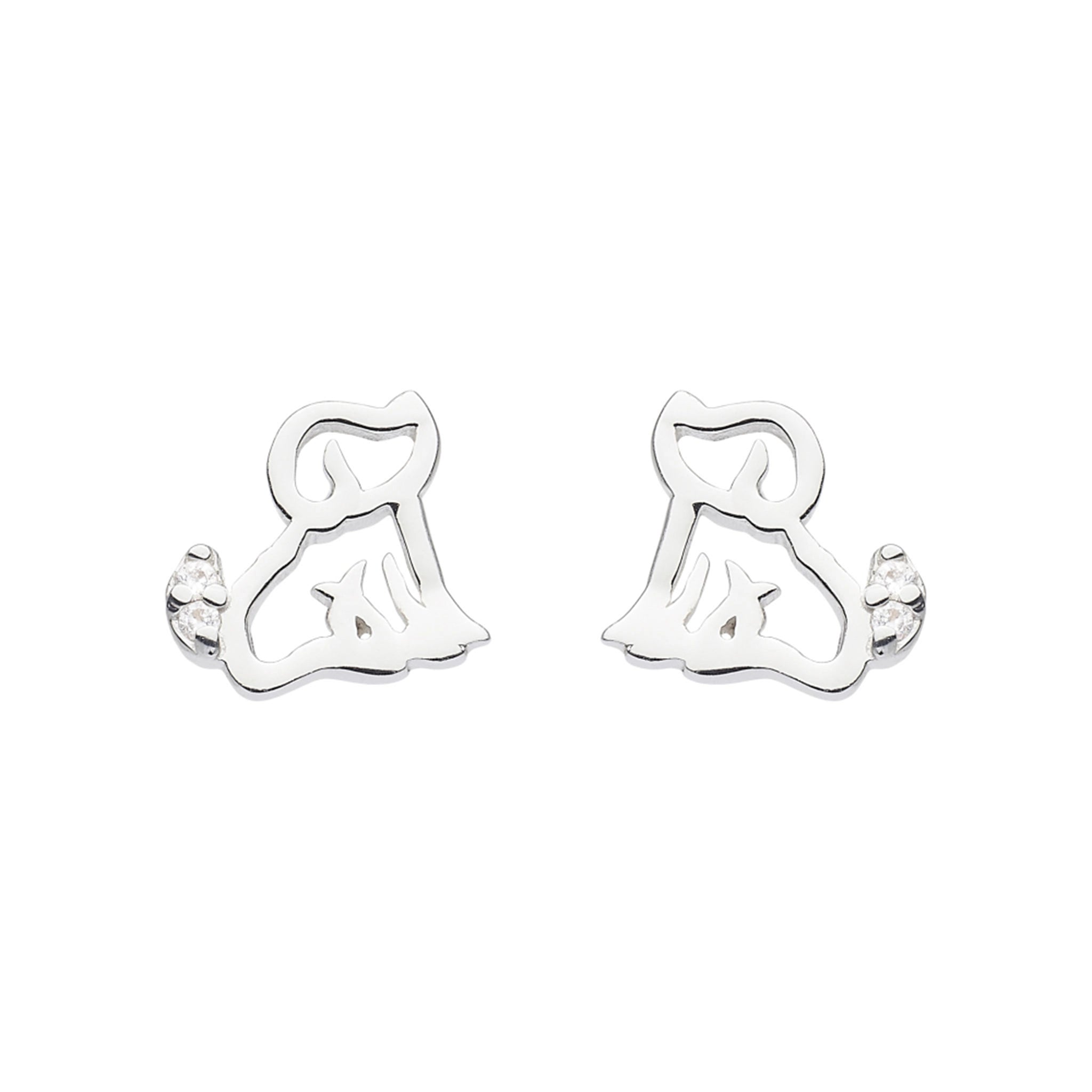 A pair of silver earrings shaped like sitting dogs with CZ stones on their tails