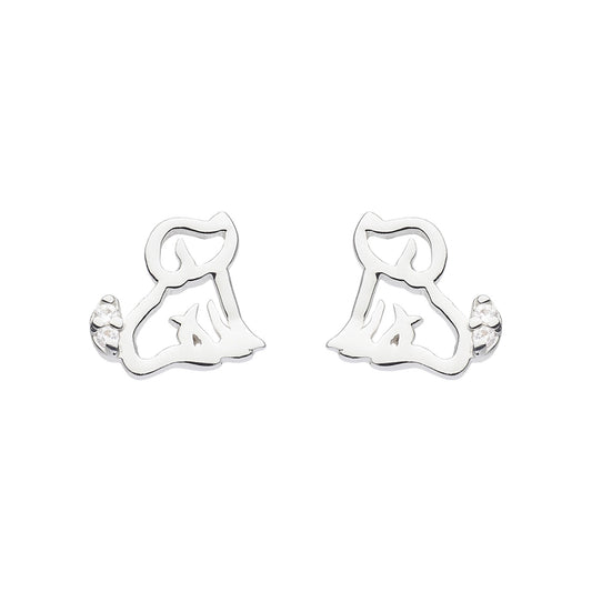 A pair of silver earrings shaped like sitting dogs with CZ stones on their tails