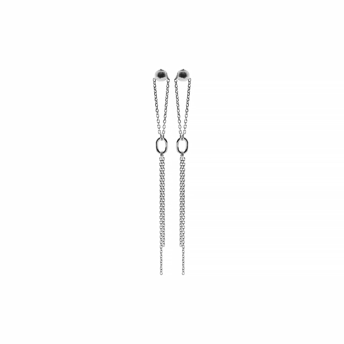 Silver dangle chain stud earrings with a chain link in the centre