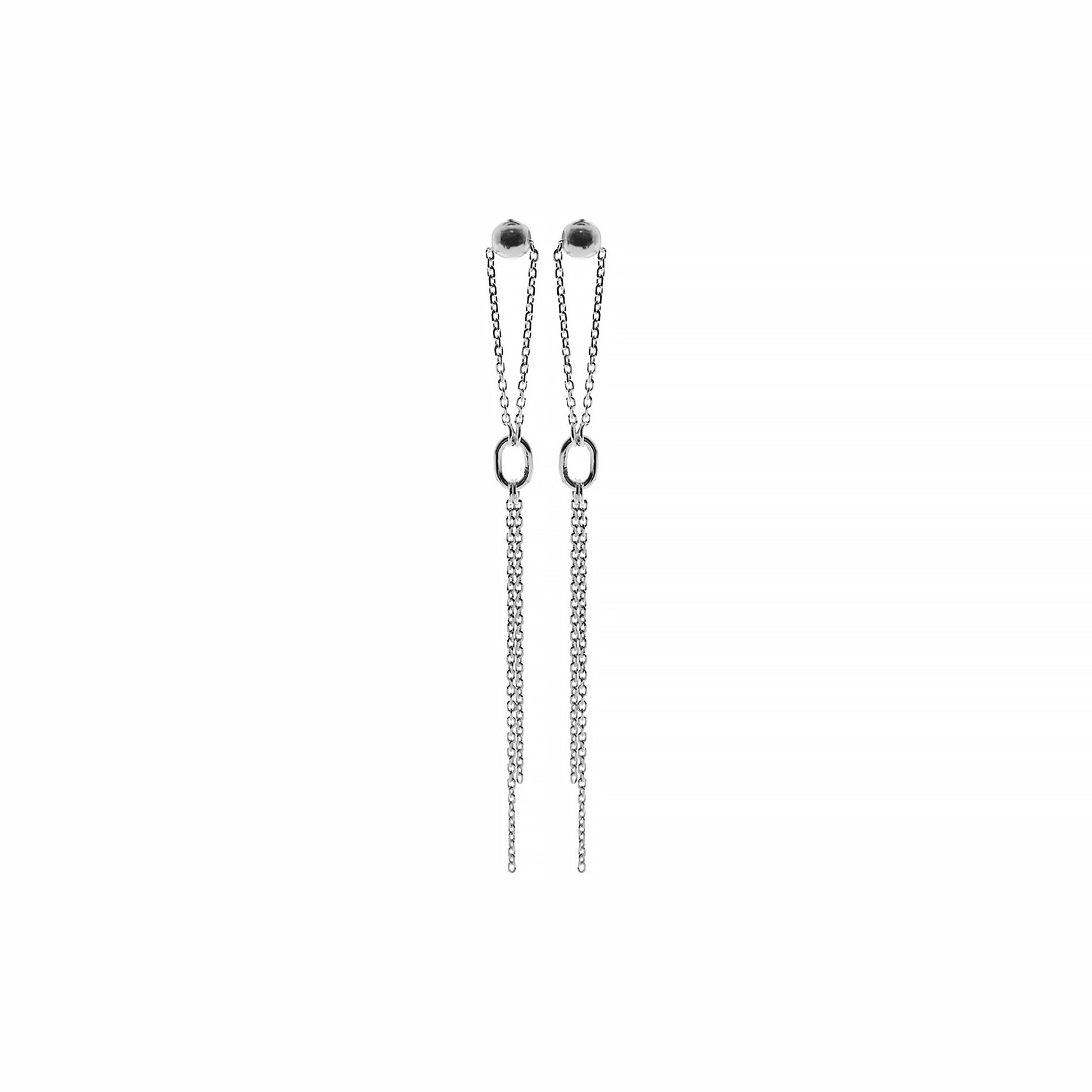 Silver dangle chain stud earrings with a chain link in the centre