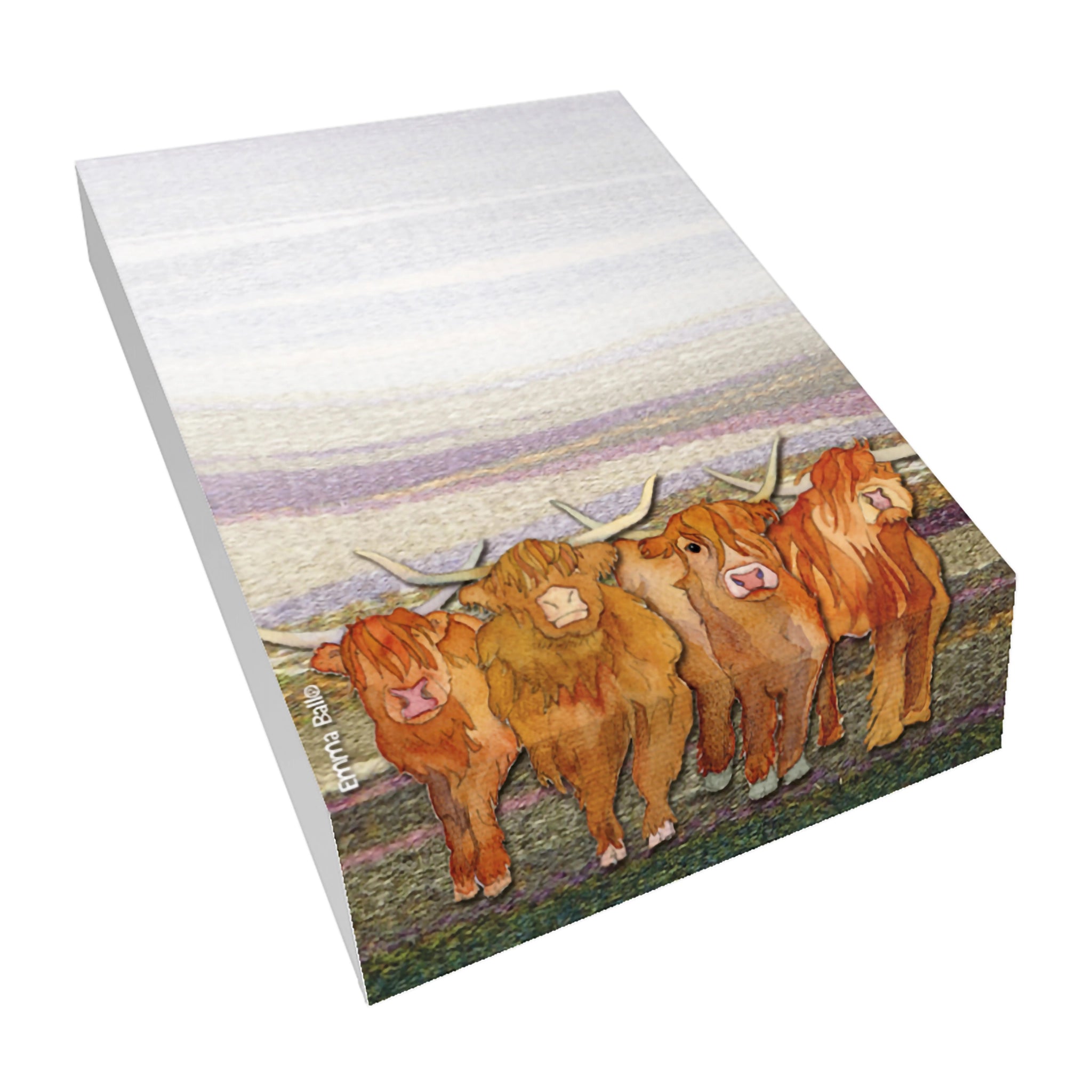 A tick slanted pad block notepad with a printed illustration of Highland cows