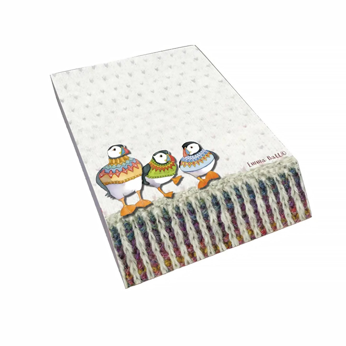 A slant pad featuring artwork with puffins wearing woolly jumper