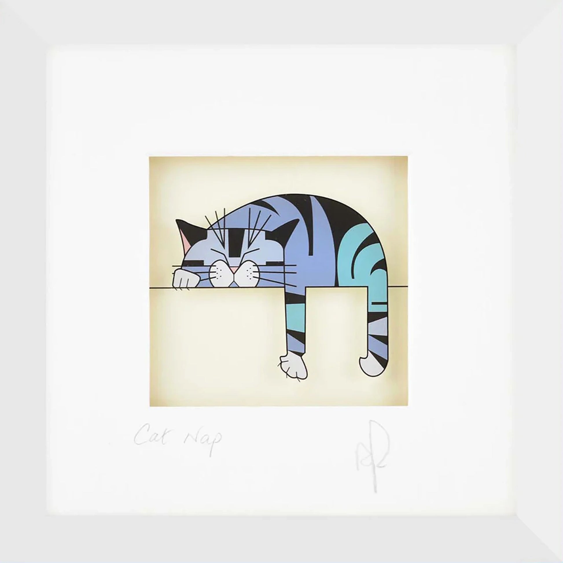 Acrylic framed wall art featuring a sleeping grey cat