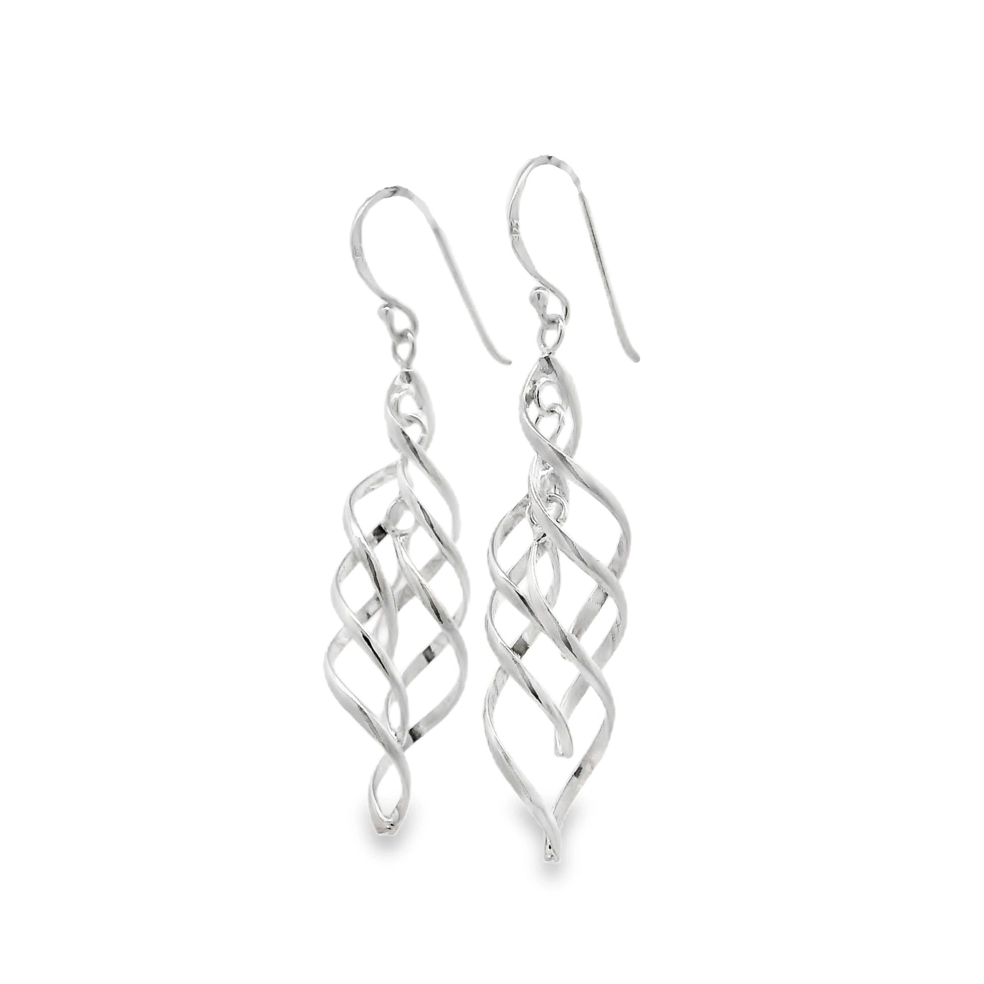A pair of silver tiered twist drop earrings with hook fittings