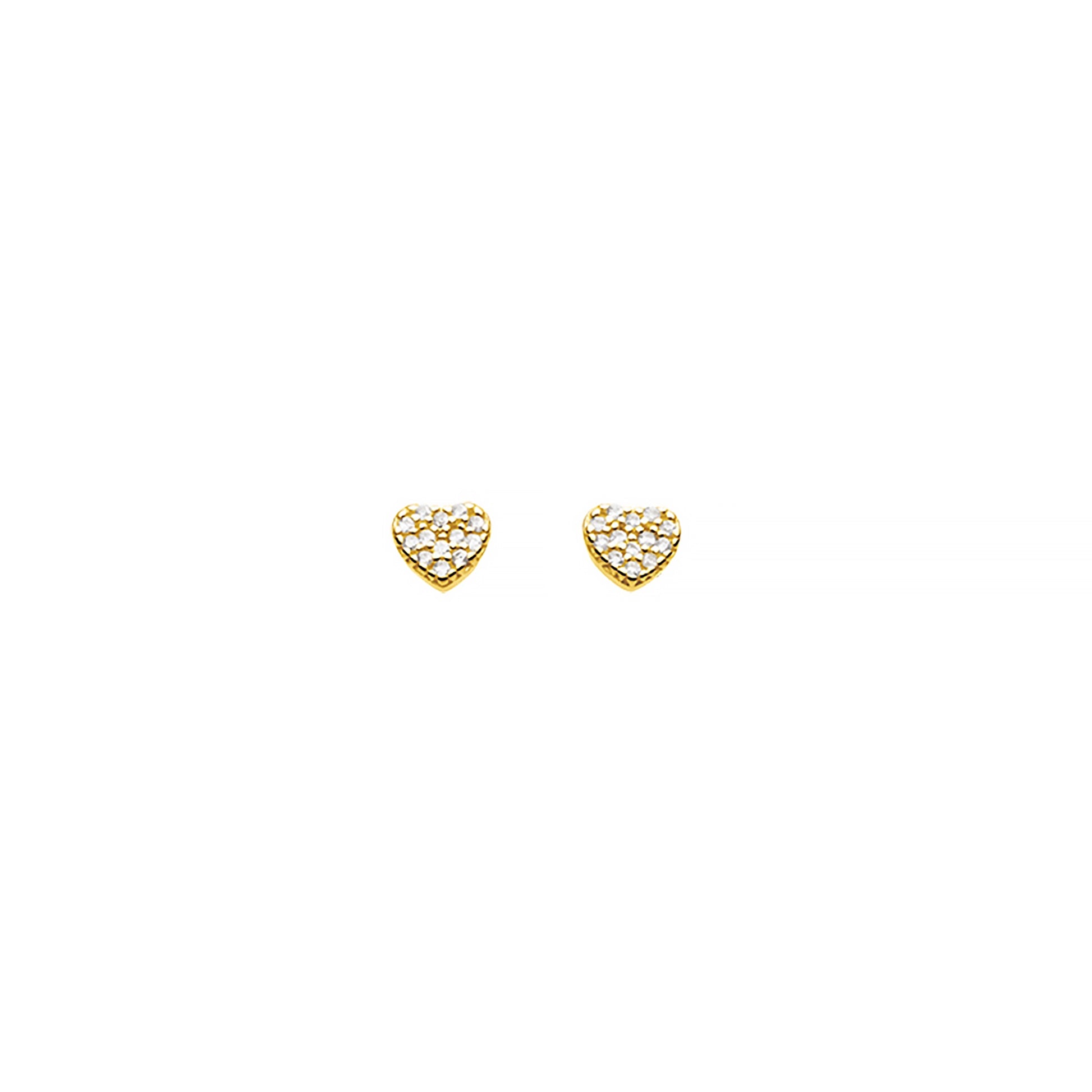 Gold heart shaped stud earrings with CZ stones