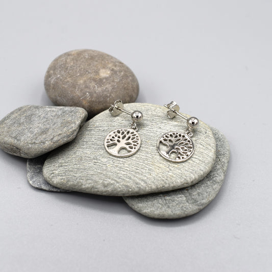 Silver tree of life round drop earrings