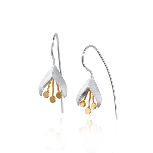 Satin silver snowdrop earrings with gold stamen details and long hooks