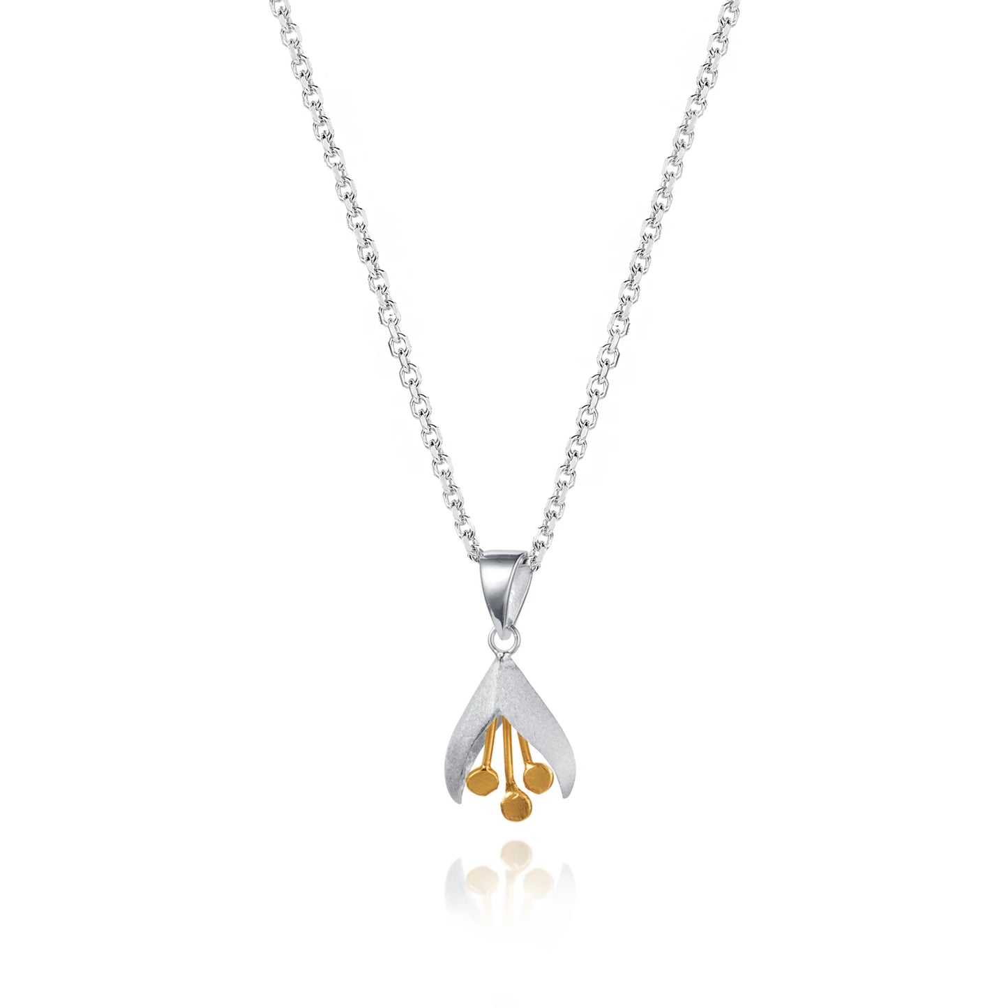 Satin silver snowdrop pendant with gold stamen details and silver chain