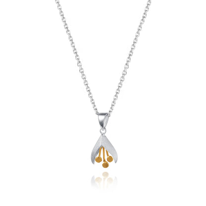Satin silver snowdrop pendant with gold stamen details and silver chain