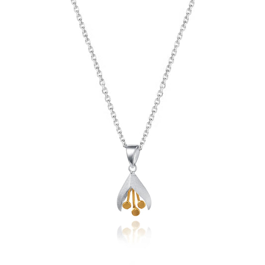 Satin silver snowdrop pendant with gold stamen details and silver chain