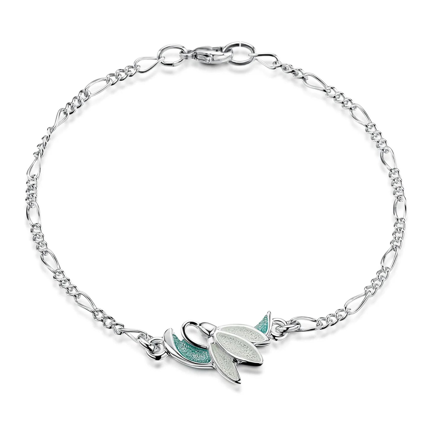 Silver chain link bracelet with enamel snowdrop pendant