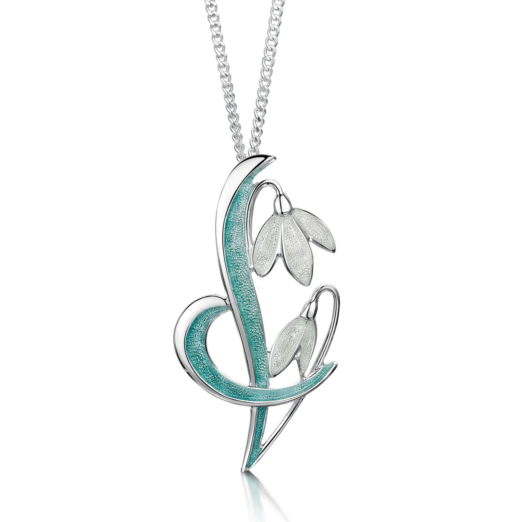 Silver pendant with two snowdrop flowers in green and white enamel on a silver chain