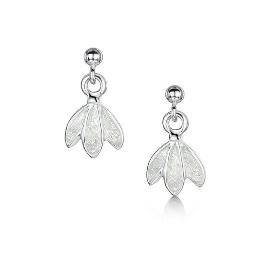 Silver earrings in a snowdrop flower shape with crystal white enamel and drop post fittings