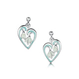 Silver heart shaped drop earrings with two snowdrop flowers in green and white enamel on drop post fittings