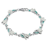 Silver bracelet with snowdrop flower links in a green and crystal white enamel with lobster claw clasp
