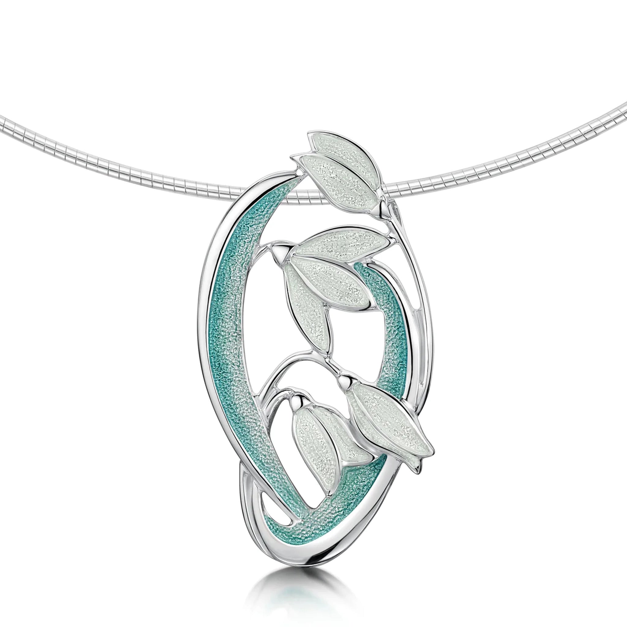 Silver necklet with four snowdrop flowers in an oval shape, with green and white enamel on a silver neck wire