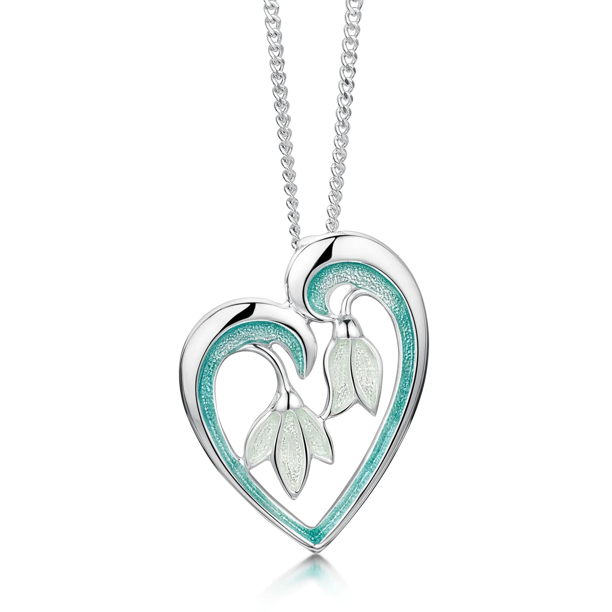Silver pendant in a heart shape with double snowdrop flowers in a green and white enamel on a silver chain