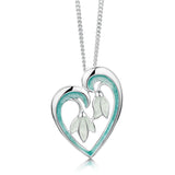 Silver pendant in a heart shape with double snowdrop flowers in a green and white enamel on a silver chain