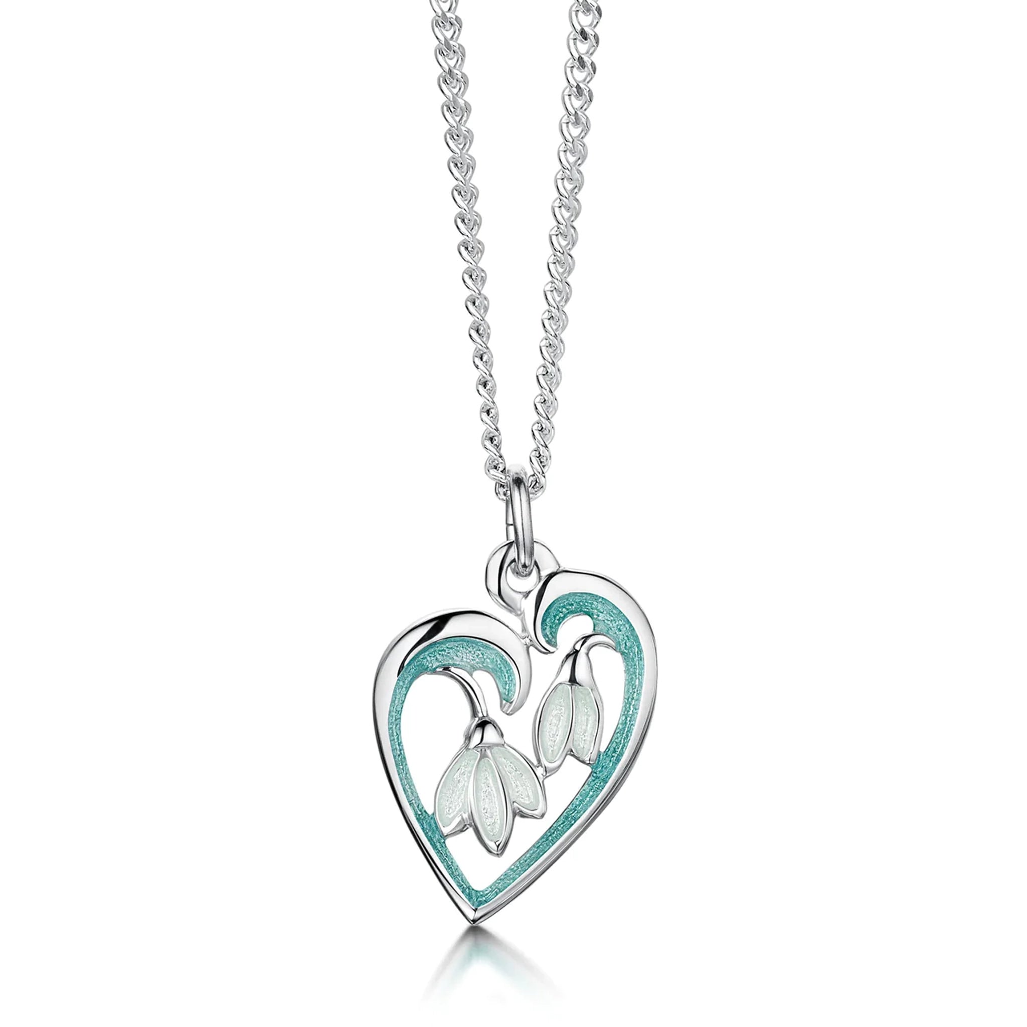 Silver pendant in a heart shape with double snowdrop flowers and green and white enamel on a silver chain