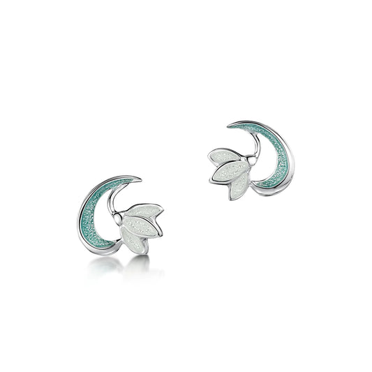 Silver stud earrings with single snowdrop flower in a green and white enamel