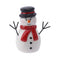 A ceramic snowman decoration with red scarf and a black top hat 