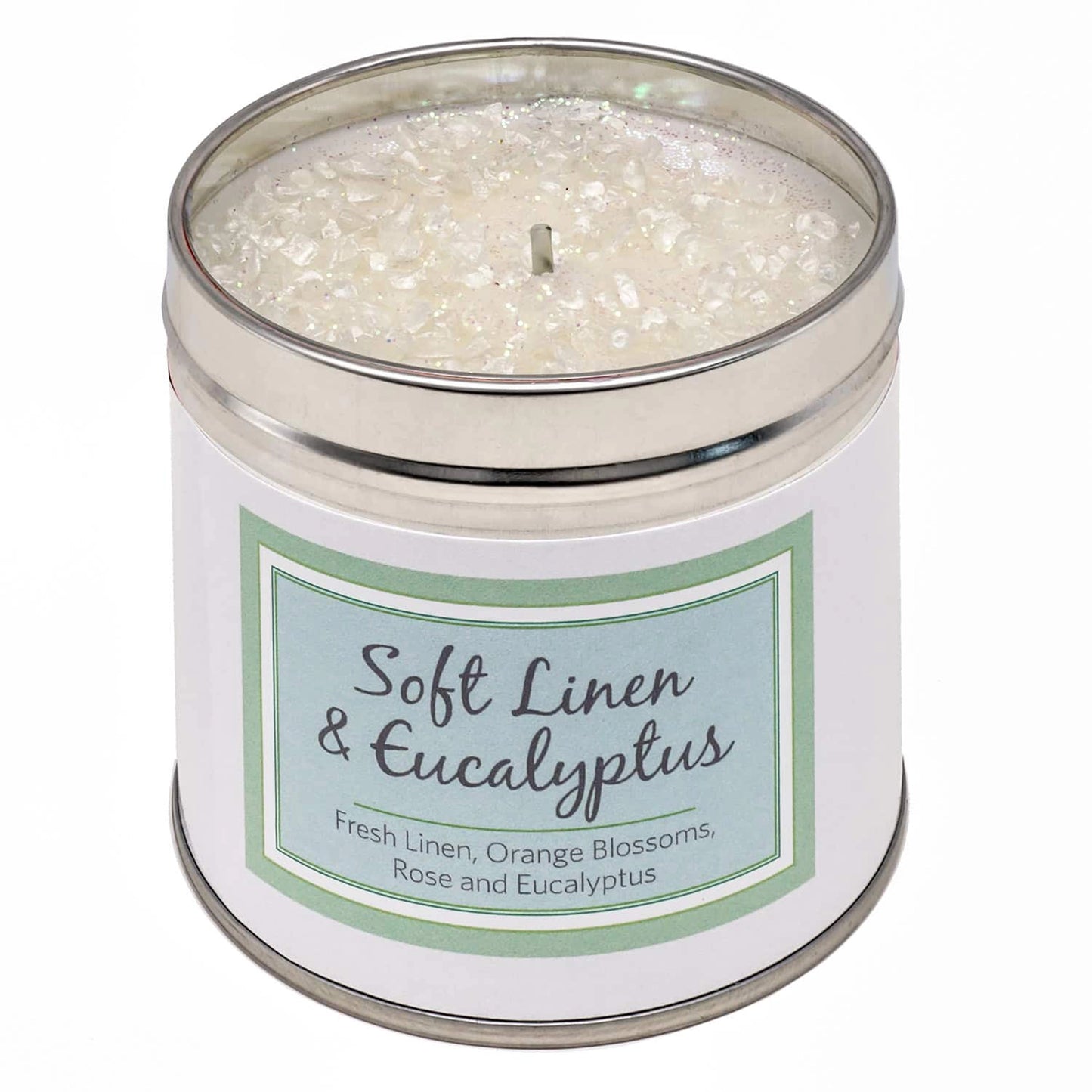 Soft linen & eucalyptus scented candle tin with added embellishments